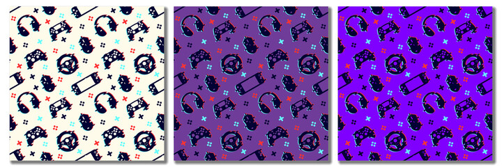 Seamless pattern with video game elements. Glitch style. Vector illustration.