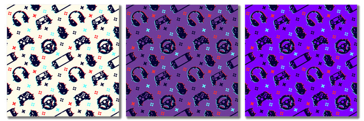 Seamless pattern with video game elements. Glitch style. Vector illustration. © Konstantin Batrakov