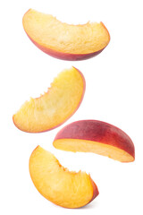 Fototapeta na wymiar Peach slices falling on a white background, levitating peach. Isolated