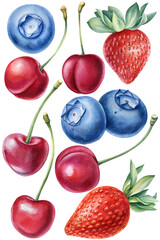 Sweet berries blueberries, cherries, strawberries on an isolated white background, watercolor illustration