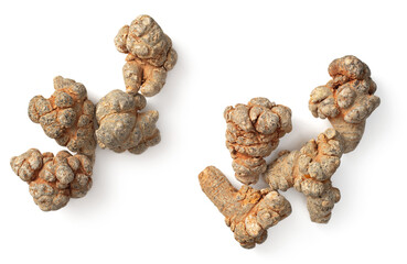 Dried Panax notoginseng roots isolated on white background, top view