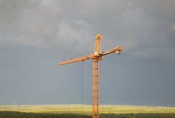 Yellow construction crane on the background of the sky and green fields.