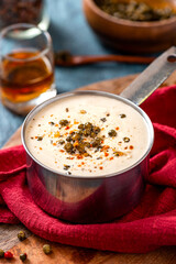 Green pepper sauce. Spicy creamy sauce with peppers, onions and brandy. Hot cream sauce for steak.