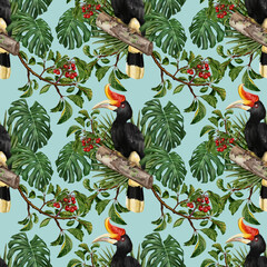 Fototapety  Seamless pattern plant and hornbill birds.