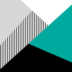 Colorful geometric design illustration in Scandinavian style with stripes and triangles decoration in grey, turquoise, white and black colors 