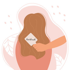 The woman sits with her back with gorgeous curly blond hair. Comb your hair and grooming. Vector flat illustration.