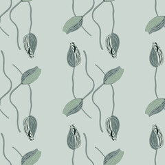 Vintage style nature seamless pattern with poppy bud elements print. Flowers backdrop. Blue pastel artwork.