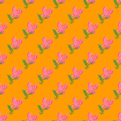 Bright bloom seamless pattern with little pink chrysanthemum flowers ornament. Orange background.