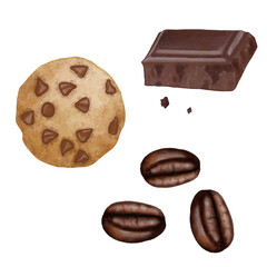Set Watercolor illustration Chocolate, chocolate cookie and coffee bean. Hand draw delicious ingredient. Cartoon Nuts. Logo design vegetarian and pastry shop. Food. Traditional bakery ingredient