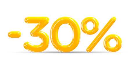 30 percent Off. Discount creative composition of golden or yellow balloons. 3d mega sale or thirty percent bonus symbol on white background. Sale banner and poster. Vector illustration. - obrazy, fototapety, plakaty