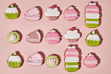 Sugar coated ginger cookies in shape of sweet pastries