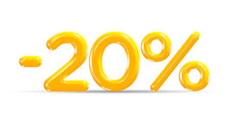 20 percent Off. Discount creative composition of golden or yellow balloons. 3d mega sale or twenty percent bonus symbol on white background. Sale banner and poster. Vector illustration.