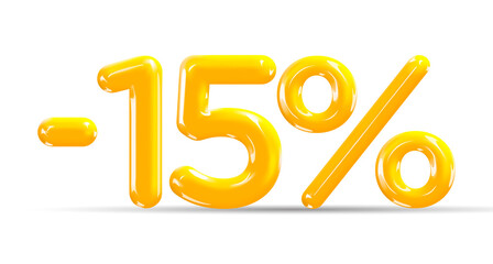 15 percent Off. Discount creative composition of golden or yellow balloons. 3d mega sale or fifteen percent bonus symbol on white background. Sale banner and poster. Vector illustration.