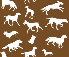 Vector seamless pattern of hand drawn different dog breed silhouette isolated on brown background