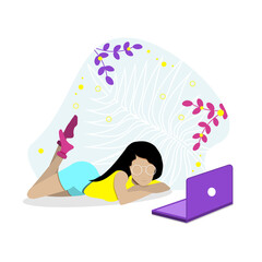 Girl watching movie on laptop. flat vector illustration.