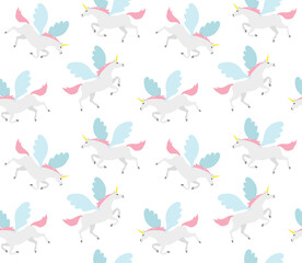Vector seamless pattern of flat cartoon pegasus unicorn isolated on white background