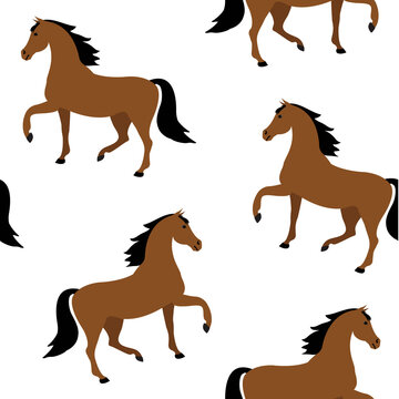 Vector seamless pattern of flat cartoon horse isolated on white background