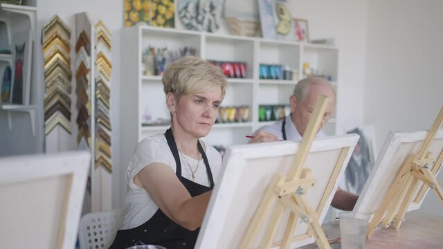 The teacher shows a group of friends of retired people in the elderly at drawing courses. A group of elderly men and women draw together and smile