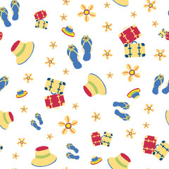 Fototapeta premium Luxury vector travel seamless pattern background. Suitcases, flip flops, cowrie shells, suitcases backdrop. Gold purple repeat with vacation icons scattered design. For summer, beach holiday concept
