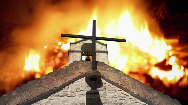 A symbolic combination of clips, representing the crisis of the Catholic Church: a steeple, with the sky replaced by a fiery burning red fire.
