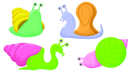 Set Abstract Collection Flat Cartoon 
Different Animal Snails With Shells Vector Design Style Elements Fauna Wildlife Gastropod Slug Crawls Clam