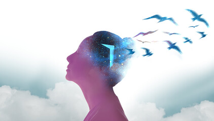 Mental Health, Freedom, Imagination and Creativity Concept. Silhouette photo of Woman combined with...