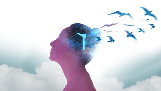 Mental Health, Freedom, Imagination and Creativity Concept. Silhouette photo of Woman combined with Opened Door and Birds. Positive Mind, Peaceful, Enjoying,Life Philosophy.Space Element from Nasa
