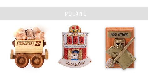 Souvenirs from Poland. The inscription in Polish means cities "Krakow", ""Wieliczka" and "Malbork"
