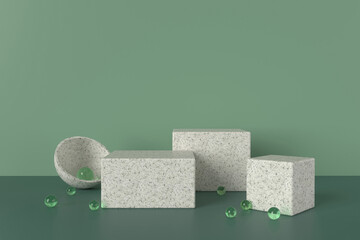 Terrazzo block stands with green vibe and glass balls, 3d illustration