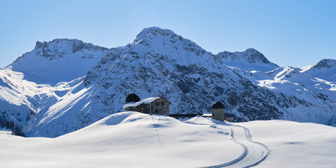 Former Chur astronomical observatory, now closed, on the Arosa-Lenzerheide ski domain, Switzerland, during Winter.