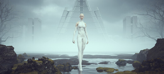 Tall Futuristic Sci Fi Alien Super Hero Space woman in White in Alien Landscape Mysterious Foggy Abandoned Brutalist Architecture 3d illustration render  © paul