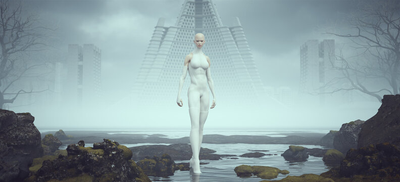 Tall Futuristic Sci Fi Alien Super Hero Space woman in White in Alien Landscape Mysterious Foggy Abandoned Brutalist Architecture 3d illustration render	