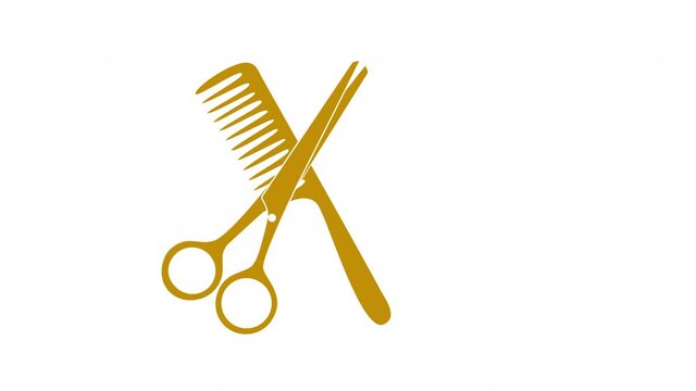Hairdressing, beauty culture concept. Seamless loop animation of scissors and comb. Luma matte. Golden tools.