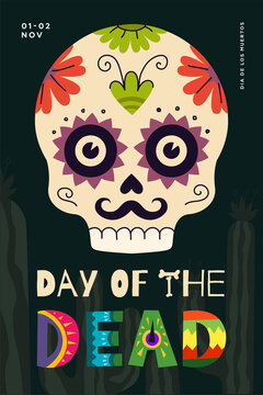 Mexican Day of the Dead holiday poster. Dia de Los Muertos national festival greeting card with colourful lettering and skull. Mexico traditional november carnival banner vector eps design template