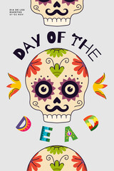 Mexican Day of the Dead party poster. Dia de Los Muertos national Mexico festival greeting card. Vector lettering and skull on Latin America holiday banner. Traditional november carnival illustration