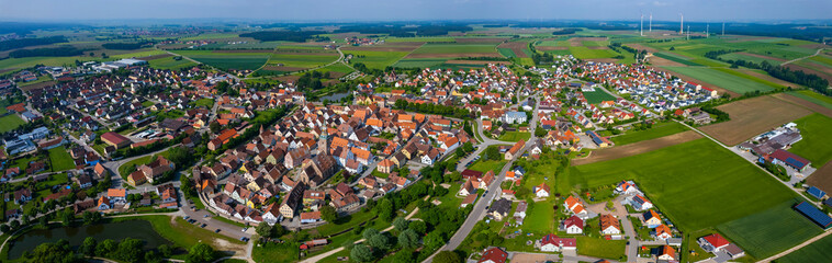 Aerial view of the city Wolframs-Eschenbach in Germany, Bavaria on a sunny day in Spring