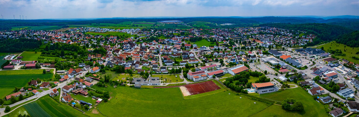 Fototapeta na wymiar Aerial view of the city Oggenhausen in Germany, Bavaria on a sunny day in Spring