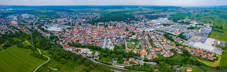 Fototapeta na wymiar Aerial view of the city Giengen in Germany, Bavaria on a sunny day in Spring