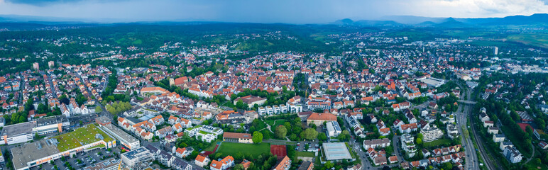 Aerial view of the city Kirchheim unter Teck in Germany on a cloudy rainy day in Spring - obrazy, fototapety, plakaty