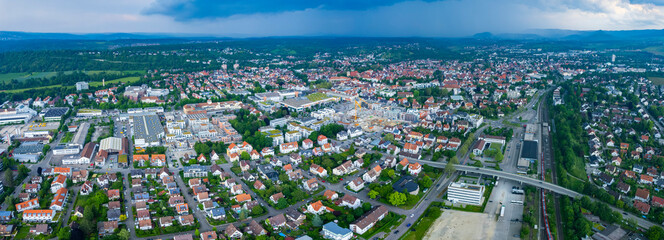 Aerial view of the city Kirchheim unter Teck in Germany on a cloudy rainy day in Spring - obrazy, fototapety, plakaty