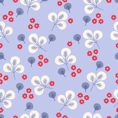 Floral seamless pattern with red flowers and leaves. Vector illustration