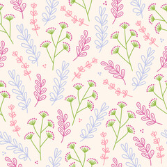 Floral seamless pattern with flowers and meadow herbs, leaves, branches