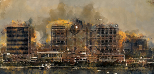 Digital watercolor painting of vintage image view of Hachitama Building Observatory Sphere, Tokyo, Japan