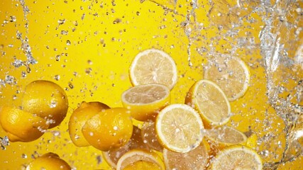 Super slow motion of sliced fresh lemons with water splash flying in the air. Filmed on high speed cinema camera, 1000 fps. - Powered by Adobe