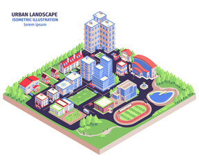 Isometric Urban Composition With Modern City District Landscape With Low Rise Buildings Green Zones Stadium Illustration