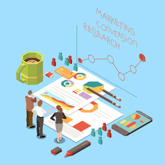 Isometric Concept With Business People Discussing Conversion Rate Optimization Strategy Marketing Research 3D Illustration