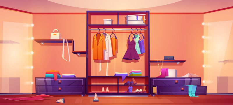 Modern Walk Closet With Mess Untidy Woman Clothes Shoes Wardrobe Shelves Floor Cartoon Illustration