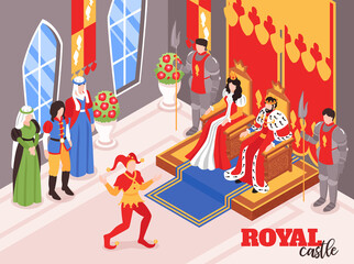 Obraz na płótnie Canvas Isometric Castle Royal King Queen Interior Indoor Composition With Characters Courtiers Crown Bearing Persons Illustration