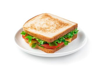 Sandwich with ham, cheese and fresh vegetables in a white plate on a white background. Side view, close-up.