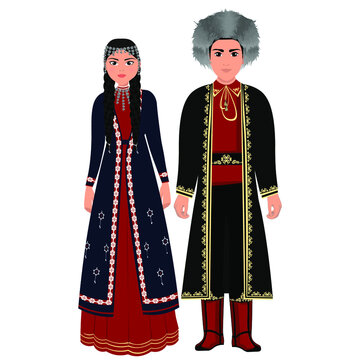 Woman and man in folk national Bashkir costumes. Vector illustration